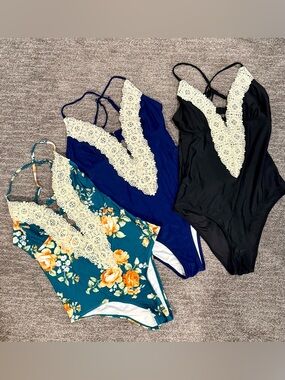 3 for $25 One-Piece Swimsuits with Lace Trim - Blue, Black, Teal Floral